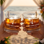Personalised Palm Trees 10 oz Old Fashioned Rock Whiskey Glass with Name and Year Wedding Gift for Couple Newlywed