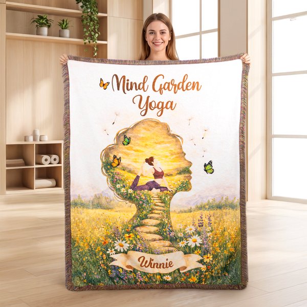 Personalized Mind Garden Yoga Girl Posture Silhouette Soft Tassel Blanket with Name Home Daily Use Birthday Wellness Gift for Yoga Lovers