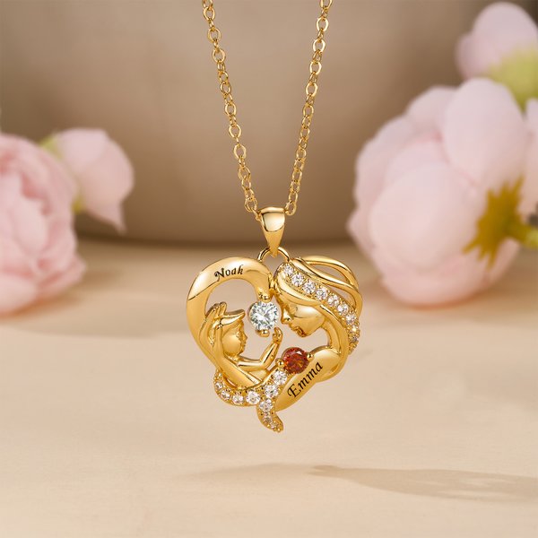 Personalised Dainty Mother and Child Birthstone Necklace with Engraved Mom and Kid Name Birthday Mother's Day Gift for Mom Grandma Woman