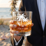Personalised Palm Trees 10 oz Old Fashioned Rock Whiskey Glass with Name and Year Wedding Gift for Couple Newlywed