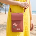 Personalized Classic Birth Flower PU Leather Crossbody Bag with Name and Touch Screen Window Travel Daily Use Birthday Gift for Women