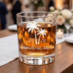 Personalised Palm Trees 10 oz Old Fashioned Rock Whiskey Glass with Name and Year Wedding Gift for Couple Newlywed