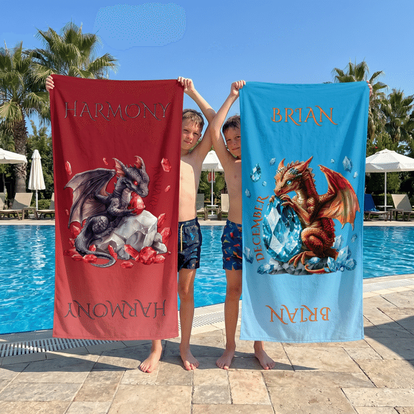 Serviette de plage personnalisée Dragon Birthstone Quick Dry Towel with Name Outdoor Beach Party Essential Birthday Gift for Dragon Lovers Friends