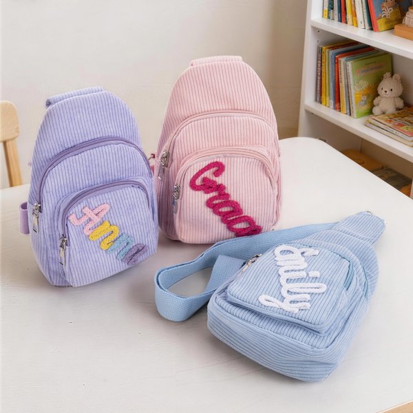 Personalised Multicolor Name Corduroy Mini Sling Handbag Daily Play Outdoor Activities Birthday Gift for Toddlers Kids