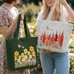 Personalized Butterfly Birth Flower Corduroy Large Capacity Tote Bag with Name and Side Pockets Daily Use Birthday Gift for Women