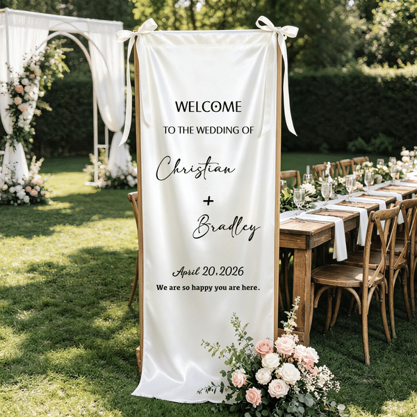 Personalised Wedding Themed Silk Banner with Name Text and Date Wedding Party Gift for Couples Newlyweds