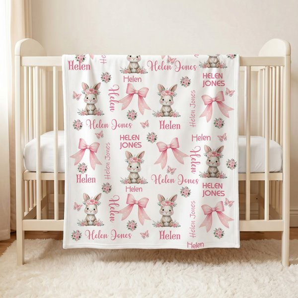 Gepersonaliseerde Floral Bunny Roze Strik Zachte Deken met Naam Slaapkamer Decor Baby Shower Verjaardagscadeau voor Baby Meisje