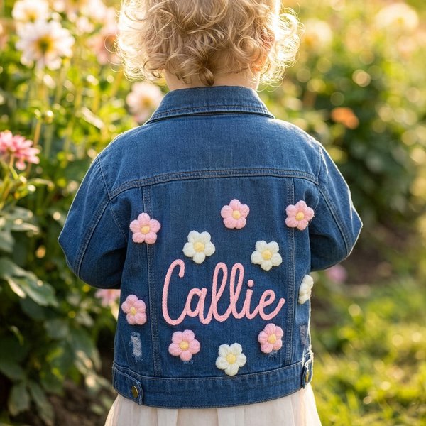Personlig søt blomster barn lang denimjakke med navn dagligdags antrekk bursdag baby shower gave til jenter