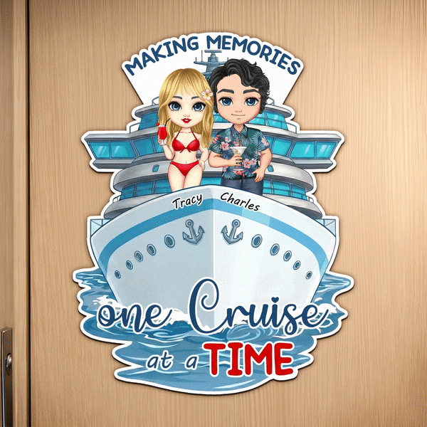 Personalized Cartoon Couple Character Cruise Ship Fridge Magnet with Name Home Decor Birthday Summer Travel Gift for Couple