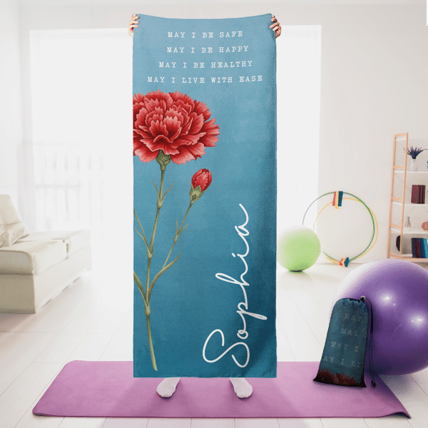 Personalized Birth Flower Super Absorbent Yoga Towel Mat with Name Sports Accessories Birthday Gift for Yoga Lovers Women