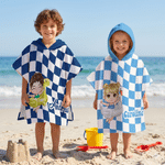 Personalized Colorful Chessboard Cartoon Character Quick Dry Hooded Beach Towel with Name Outdoor Activities Beach Party Birthday Gift for Kids Family