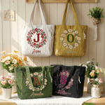 Personalized Birth Flower Wreath Large Capacity Corduroy Tote Bag with Name Travel Essential Birthday Mother's Day Gift for Mom Woman