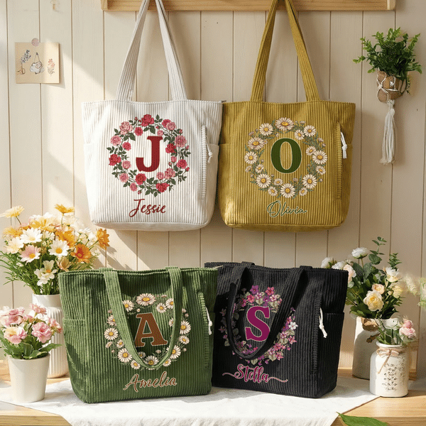 Personalized Birth Flower Wreath Large Capacity Corduroy Tote Bag with Name Travel Essential Birthday Mother's Day Gift for Mom Woman