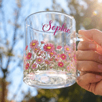 Tazza di vetro personalizzata con manico e nome, regalo di compleanno e anniversario per le donne che amano la natura.