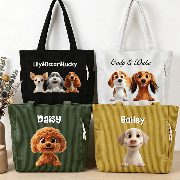 Personalised Cute Cartoon Pet Large Capacity Corduroy Tote Bag with Name Daily Use Commuting Travel Birthday Gift for Pet Owners