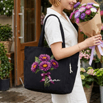 Personalised Birth Flower Large Capacity Corduroy Tote Bag with Name Travel Essential Birthday Mother's Day Gift for Mom Woman