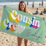 Asciugamano da spiaggia personalizzato Multicolore Cousin Crew ad asciugatura rapida con nome Vacanze estive Festa di compleanno in spiaggia Regalo per la famiglia