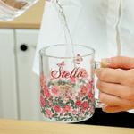 Tazza di vetro personalizzata con manico e nome, regalo di compleanno e anniversario per le donne che amano la natura.