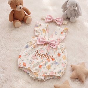 Personalized Pink Bow Floral Embroidered Name 100% Cotton Baby Summer Romper Coming Home Baby Shower Gift for Newborn Girl