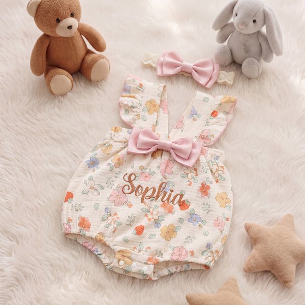 Personalized Pink Bow Floral Embroidered Name 100% Cotton Baby Summer Romper Coming Home Baby Shower Gift for Newborn Girl