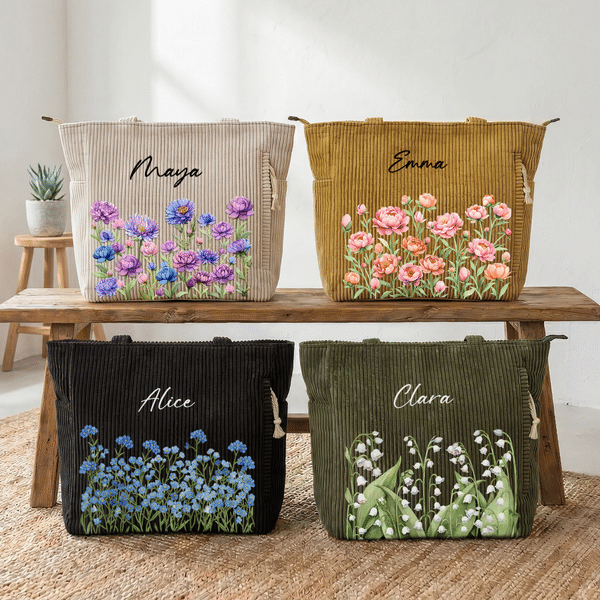 Personalized Birth Flower Name Corduroy Large Capacity Corduroy Tote Bag with Zipper and Front Pocket Daily Use Birthday Travel Gift for Her