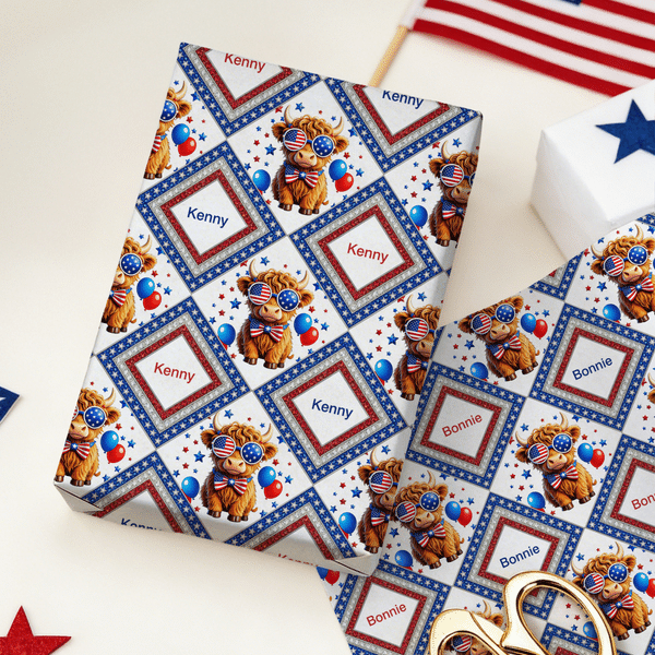 Papier d'emballage personnalisé Highland Cow American Flag avec nom Lot de 3 Cadeau d'anniversaire pour les Américains à l'occasion de la fête de l'Indépendance