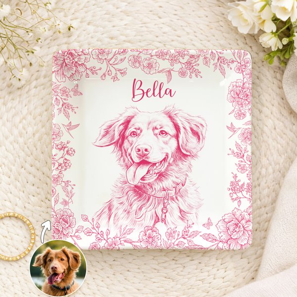 Personalized Toile De Jouy Style Pet Portrait Ceramic Trinket Jewelry Dish with Name Birthday Gift for Pet Owner
