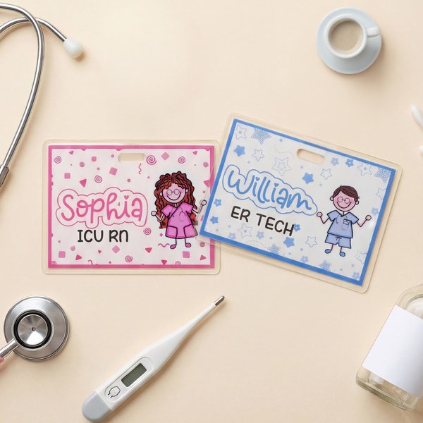 Cartone animato personalizzato infermiera semplice linea di disegno laminato carta fotografica ID Badge Buddy con nome infermiere settimana regalo di compleanno per infermiere medico personale medico