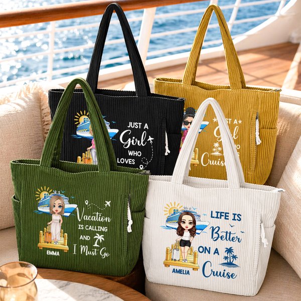 Personalised Cartoon Character Cruise Ship Corduroy Tote Bag with Text and Name Travel Essential Daily Use Birthday Gift for Her