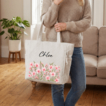 Personalized Birth Flower Name Corduroy Large Capacity Corduroy Tote Bag with Zipper and Front Pocket Daily Use Birthday Travel Gift for Her