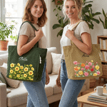 Personalized Birth Flower Name Corduroy Large Capacity Corduroy Tote Bag with Zipper and Front Pocket Daily Use Birthday Travel Gift for Her