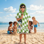 Personalized Colorful Chessboard Cartoon Character Quick Dry Hooded Beach Towel with Name Outdoor Activities Beach Party Birthday Gift for Kids Family