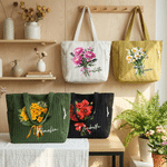 Personalised Birth Flower Large Capacity Corduroy Tote Bag with Name Travel Essential Birthday Mother's Day Gift for Mom Woman