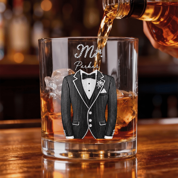 Personalised Sophisticated Tuxedo Wedding Dress Design 10 oz Whiskey Glass Wedding Celebrate Party Gift for Newlyweds