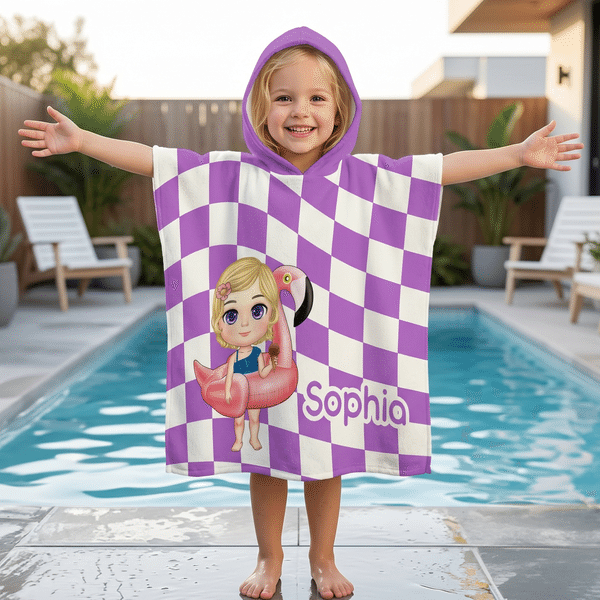 Personalized Colourful Chessboard Cartoon Character Quick Dry Hooded Beach Towel with Name Outdoor Activities Beach Party Birthday Gift for Kids Family