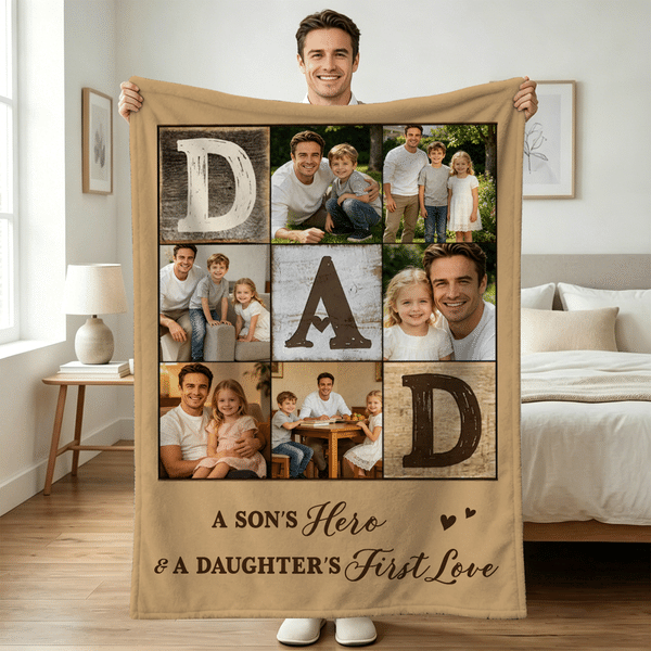 Personalized Warm Photo Collage Design Soft Throw Blanket with Text Daily Use Birthday Father's Day Gift for Dad Grandpa
