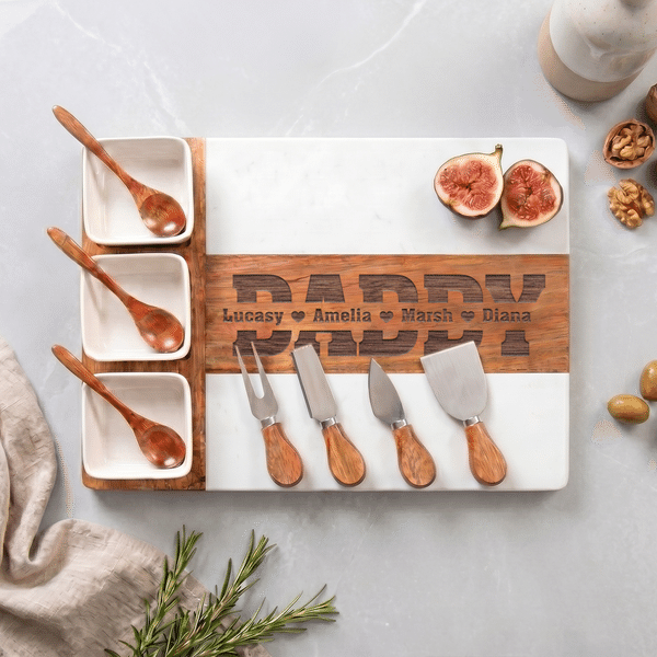 Personalised Engraved Title 1-4 Names Acacia Marble 11 Pcs Cutting Board Coaster Set with Bowl and Spoon Father's Day Housewarming Gift for Dad