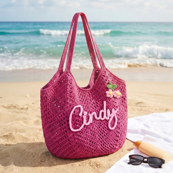 Personalised Multicolor Name Cute Flower Yarn Tote Bag Summer Vacation Use Beach Party Birthday Gift for Female Bridesmaid Besties