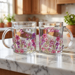 Tazza di vetro personalizzata con manico e nome, regalo di compleanno e anniversario per le donne che amano la natura.
