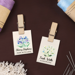 Fleur de naissance aquarelle personnalisée 100% coton Etiquette de couture avec nom et texte Cadeau d'anniversaire pour les amateurs de tricot et de bricolage