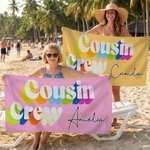 Asciugamano da spiaggia personalizzato Multicolore Cousin Crew ad asciugatura rapida con nome Vacanze estive Festa di compleanno in spiaggia Regalo per la famiglia