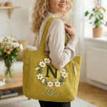 Personalized Birth Flower Wreath Large Capacity Corduroy Tote Bag with Name Travel Essential Birthday Mother's Day Gift for Mom Woman