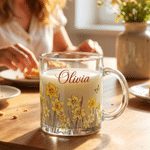 Tazza di vetro personalizzata con manico e nome, regalo di compleanno e anniversario per le donne che amano la natura.