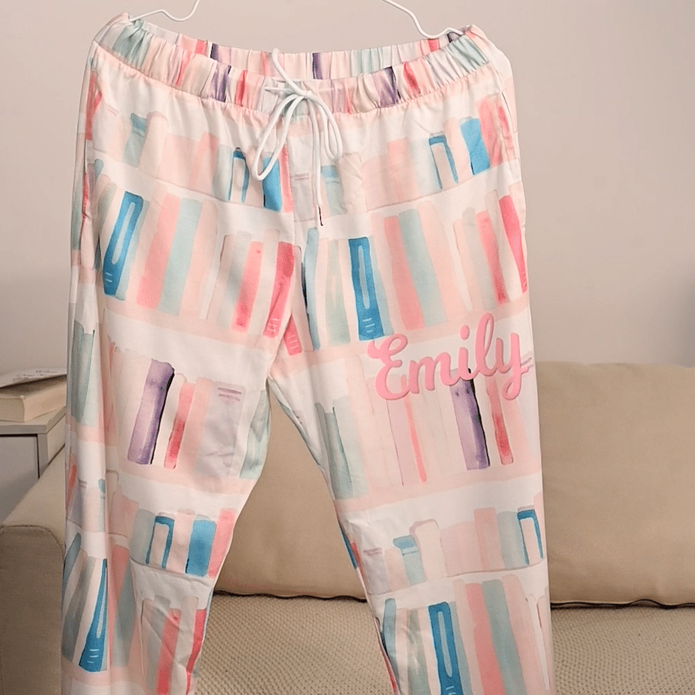 Personalized Bookshelf Comfortable Pajama Set with Pockets and Name Home Wear Reading Birthday Gift for Book Lover 3
