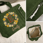 Personalized Birth Flower Wreath Large Capacity Corduroy Tote Bag with Name Travel Essential Birthday Mother's Day Gift for Mom Woman