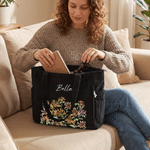 Personalized Birth Flower Name Corduroy Large Capacity Corduroy Tote Bag with Zipper and Front Pocket Daily Use Birthday Travel Gift for Her
