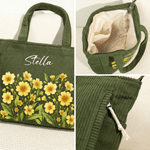 Personalized Birth Flower Name Corduroy Large Capacity Corduroy Tote Bag with Zipper and Front Pocket Daily Use Birthday Travel Gift for Her