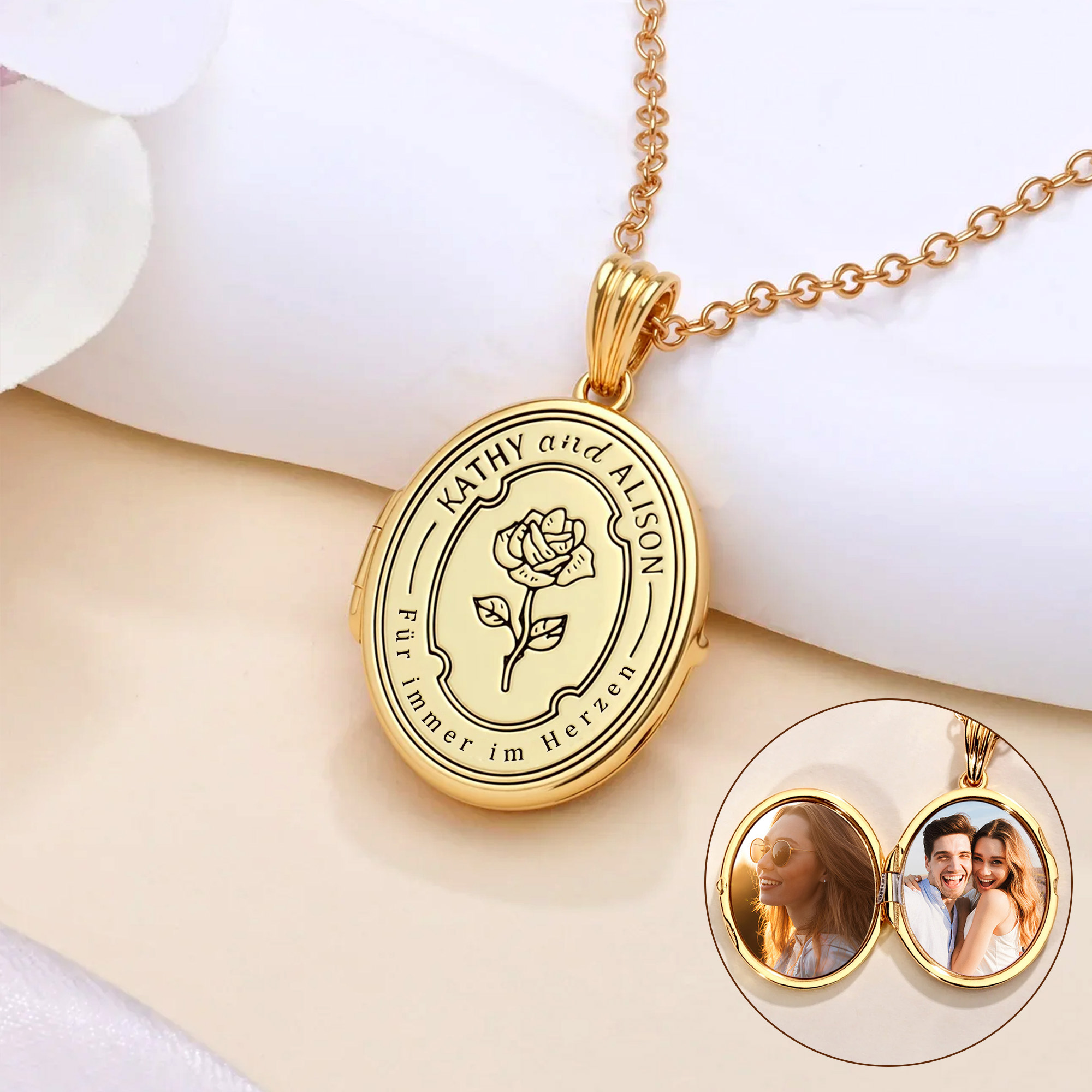 Personalisierte zarte Medaillon-Halskette mit Geburtsblume | mit Fotos und Text-Gravur | Geburtstag Jahrestag Muttertag Geschenk für Mama Oma Frau