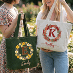 Personalized Birth Flower Wreath Large Capacity Corduroy Tote Bag with Name Travel Essential Birthday Mother's Day Gift for Mom Woman
