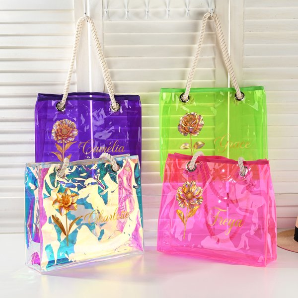 Personalized Gold Birth Flower Clear Tote Bag with Name Travel Essential Wedding Birthday Gift for Bridesmaid Friend